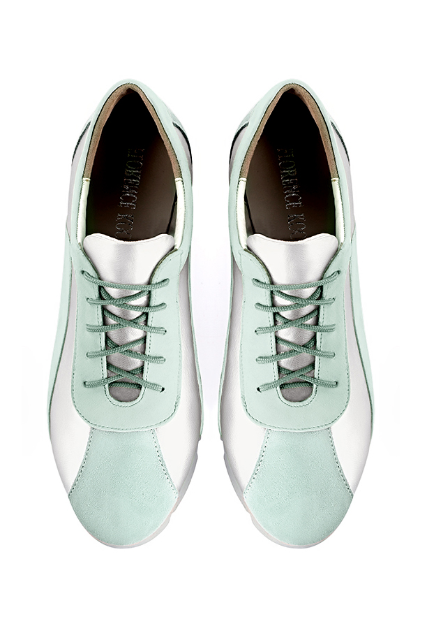 Aquamarine blue and light silver women's two-tone elegant sneakers. Round toe. Flat rubber soles. Top view - Florence KOOIJMAN